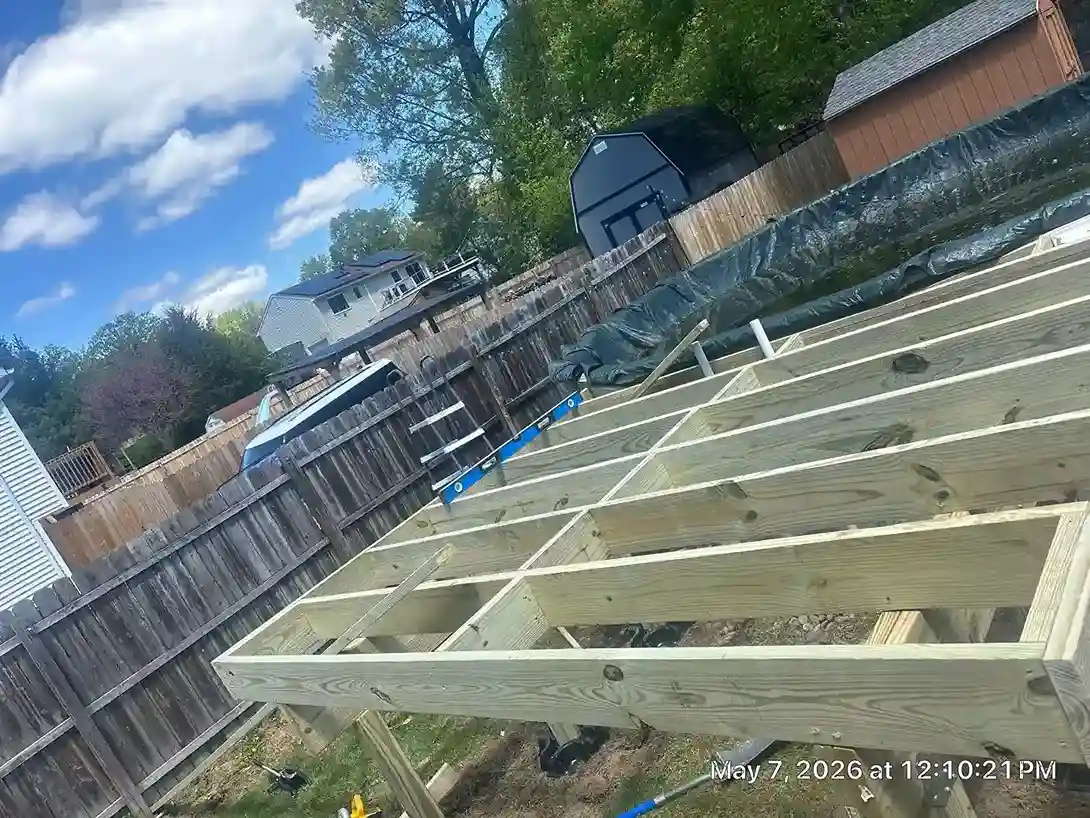 Beautiful elevated wood deck with stairs and landing platform