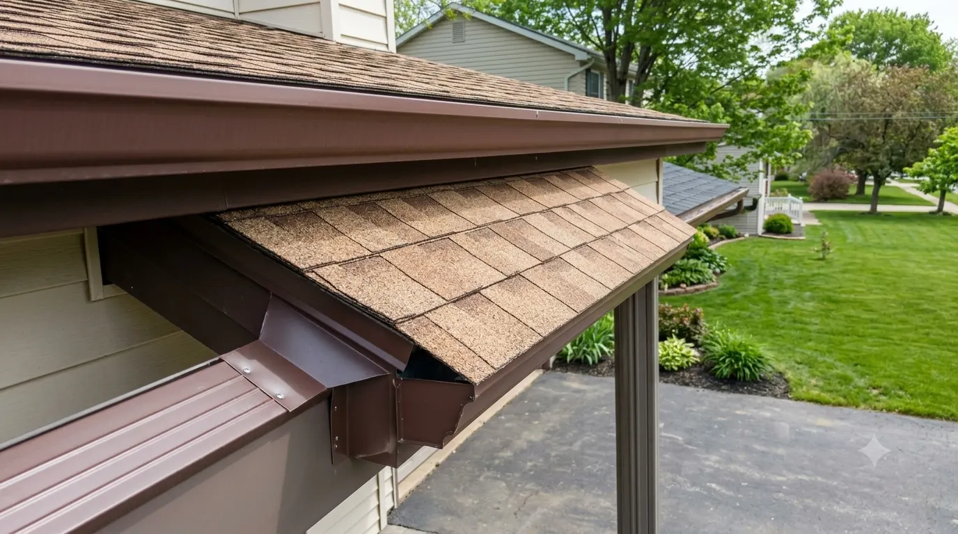 Brown K-style gutter and drip edge where a porch roof meets the main eave of a vinyl-sided home