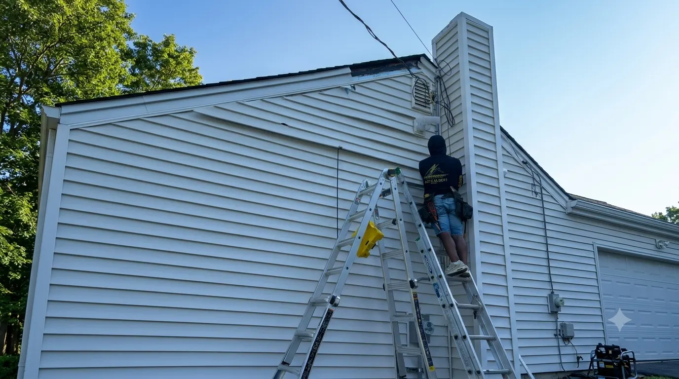 Thunder Pro Construction crew member on a ladder installing white vinyl siding on a chimney chase